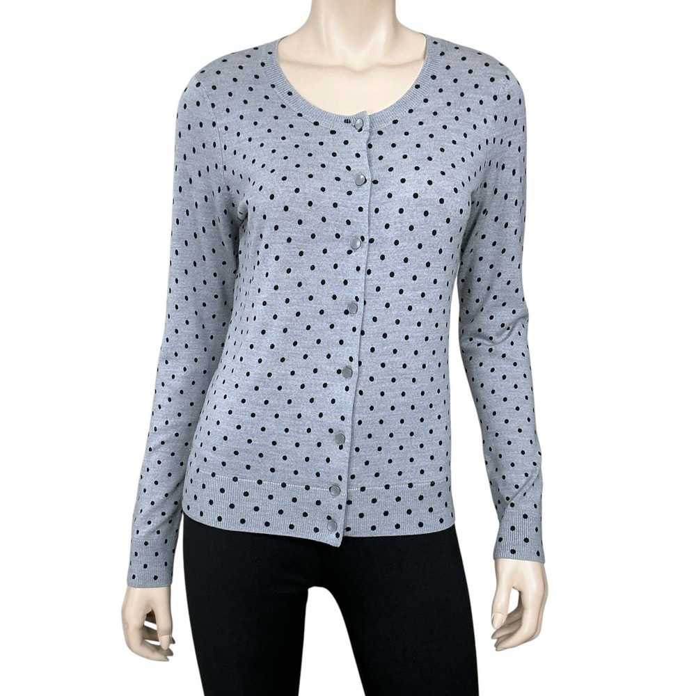 Talbots Cardigan Women Small Gray Long Sleeve Button Down Merino Wool Polka Dot